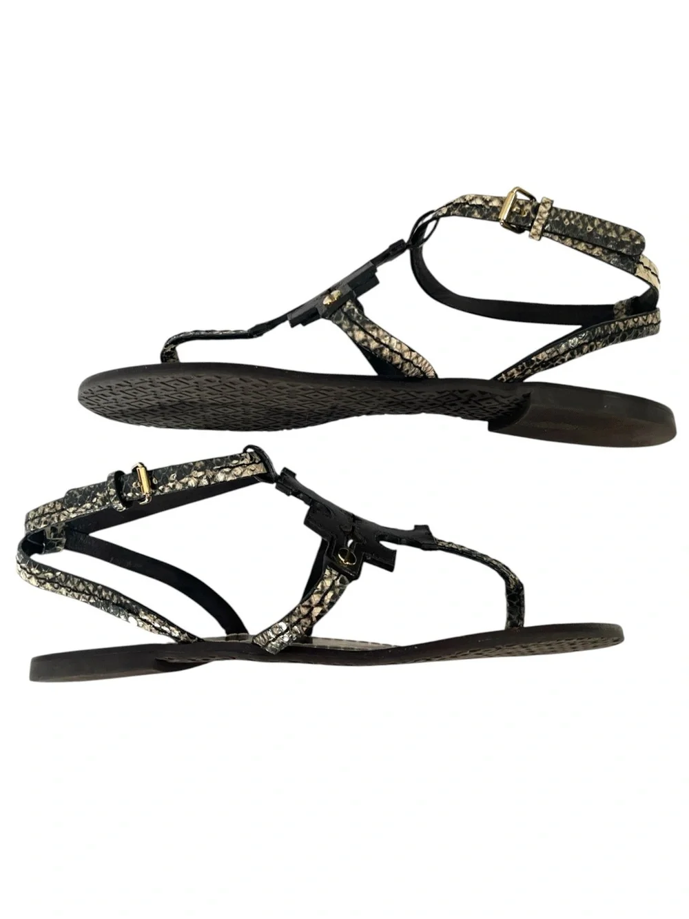 Tory Burch Phoebe Flat Thong Ankle Sandals size 7.5 in Brown Snake Print